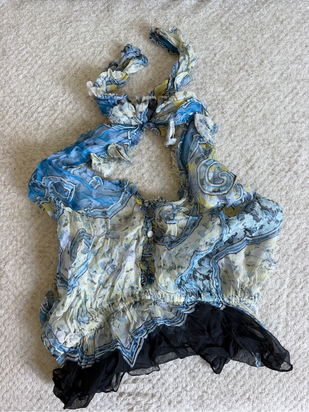 Roberto Cavalli Blue, Cream & Black Halter Ruffle-Trim Camisole
